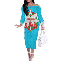 Azerbaijan National Emblem Family Matching Off The Shoulder Long Sleeve Dress and Hawaiian Shirt with Star and Flame Design in Sky Blue