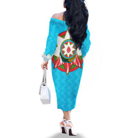 Azerbaijan National Emblem Family Matching Off The Shoulder Long Sleeve Dress and Hawaiian Shirt with Star and Flame Design in Sky Blue