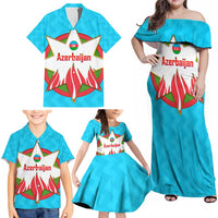 Azerbaijan National Emblem Family Matching Off Shoulder Maxi Dress and Hawaiian Shirt with Star and Flame Design in Sky Blue