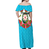 Azerbaijan National Emblem Family Matching Off Shoulder Maxi Dress and Hawaiian Shirt with Star and Flame Design in Sky Blue