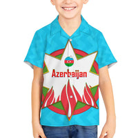 Azerbaijan National Emblem Family Matching Off Shoulder Maxi Dress and Hawaiian Shirt with Star and Flame Design in Sky Blue