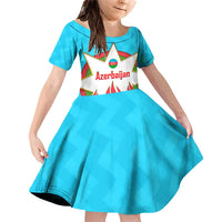 Azerbaijan National Emblem Family Matching Off Shoulder Short Dress and Hawaiian Shirt with Star and Flame Design in Sky Blue