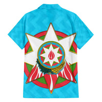Azerbaijan National Emblem Family Matching Off Shoulder Short Dress and Hawaiian Shirt with Star and Flame Design in Sky Blue