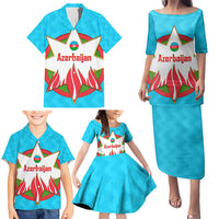 Azerbaijan National Emblem Family Matching Puletasi and Hawaiian Shirt with Star and Flame Design in Sky Blue