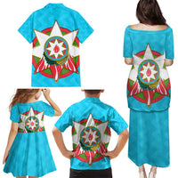 Azerbaijan National Emblem Family Matching Puletasi and Hawaiian Shirt with Star and Flame Design in Sky Blue