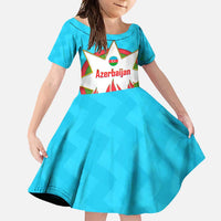 Azerbaijan National Emblem Family Matching Short Sleeve Bodycon Dress and Hawaiian Shirt with Star and Flame Design in Sky Blue