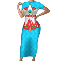 Azerbaijan National Emblem Family Matching Short Sleeve Bodycon Dress and Hawaiian Shirt with Star and Flame Design in Sky Blue