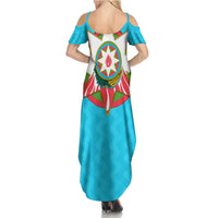 Azerbaijan National Emblem Family Matching Summer Maxi Dress and Hawaiian Shirt with Star and Flame Design in Sky Blue