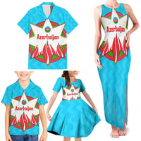 Azerbaijan National Emblem Family Matching Tank Maxi Dress and Hawaiian Shirt with Star and Flame Design in Sky Blue