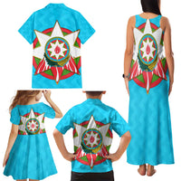 Azerbaijan National Emblem Family Matching Tank Maxi Dress and Hawaiian Shirt with Star and Flame Design in Sky Blue