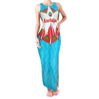 Azerbaijan National Emblem Family Matching Tank Maxi Dress and Hawaiian Shirt with Star and Flame Design in Sky Blue