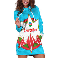 Azerbaijan National Emblem Hoodie Dress with Star and Flame Design in Sky Blue