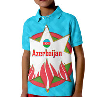 Azerbaijan National Emblem Kid Polo Shirt with Star and Flame Design in Sky Blue