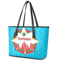 Azerbaijan National Emblem Leather Tote Bag with Star and Flame Design in Sky Blue