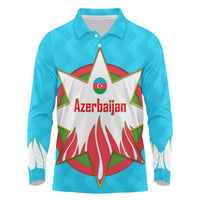 Azerbaijan National Emblem Long Sleeve Polo Shirt with Star and Flame Design in Sky Blue