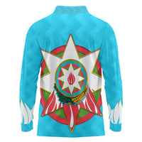 Azerbaijan National Emblem Long Sleeve Polo Shirt with Star and Flame Design in Sky Blue