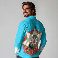 Azerbaijan National Emblem Long Sleeve Polo Shirt with Star and Flame Design in Sky Blue