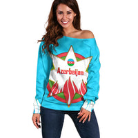Azerbaijan National Emblem Off Shoulder Sweater with Star and Flame Design in Sky Blue
