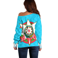 Azerbaijan National Emblem Off Shoulder Sweater with Star and Flame Design in Sky Blue