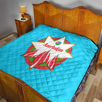 Azerbaijan National Emblem Quilt with Star and Flame Design in Sky Blue