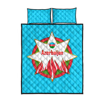 Azerbaijan National Emblem Quilt Bed Set with Star and Flame Design in Sky Blue