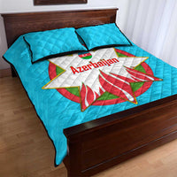 Azerbaijan National Emblem Quilt Bed Set with Star and Flame Design in Sky Blue