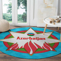 Azerbaijan National Emblem Round Carpet with Star and Flame Design in Sky Blue
