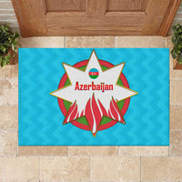 Azerbaijan National Emblem Rubber Doormat with Star and Flame Design in Sky Blue