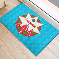 Azerbaijan National Emblem Rubber Doormat with Star and Flame Design in Sky Blue