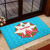 Azerbaijan National Emblem Rubber Doormat with Star and Flame Design in Sky Blue