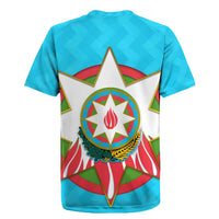 Azerbaijan National Emblem Rugby Jersey with Star and Flame Design in Sky Blue
