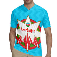 Azerbaijan National Emblem Rugby Jersey with Star and Flame Design in Sky Blue