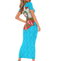 Azerbaijan National Emblem Short Sleeve Bodycon Dress with Star and Flame Design in Sky Blue