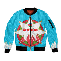 Azerbaijan National Emblem Sleeve Zip Bomber Jacket with Star and Flame Design in Sky Blue