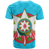Azerbaijan National Emblem T Shirt with Star and Flame Design in Sky Blue