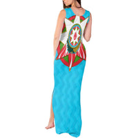 Azerbaijan National Emblem Tank Maxi Dress with Star and Flame Design in Sky Blue