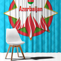Azerbaijan National Emblem Window Curtain with Star and Flame Design in Sky Blue