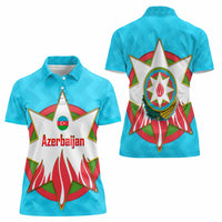 Azerbaijan National Emblem Women Polo Shirt with Star and Flame Design in Sky Blue