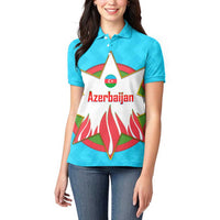 Azerbaijan National Emblem Women Polo Shirt with Star and Flame Design in Sky Blue