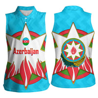 Azerbaijan National Emblem Women Sleeveless Polo Shirt with Star and Flame Design in Sky Blue