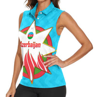 Azerbaijan National Emblem Women Sleeveless Polo Shirt with Star and Flame Design in Sky Blue