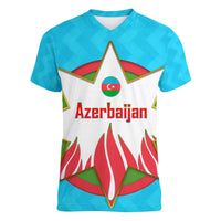 Azerbaijan National Emblem Women V-Neck T-Shirt with Star and Flame Design in Sky Blue