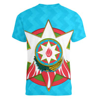 Azerbaijan National Emblem Women V-Neck T-Shirt with Star and Flame Design in Sky Blue
