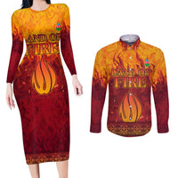 Azerbaijan Land of Fire Couples Matching Long Sleeve Bodycon Dress and Long Sleeve Button Shirt with Flame Towers and Baku Design