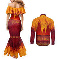 Azerbaijan Land of Fire Couples Matching Mermaid Dress and Long Sleeve Button Shirt with Flame Towers and Baku Design