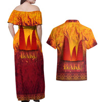 Azerbaijan Land of Fire Couples Matching Off Shoulder Maxi Dress and Hawaiian Shirt with Flame Towers and Baku Design