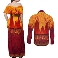 Azerbaijan Land of Fire Couples Matching Off Shoulder Maxi Dress and Long Sleeve Button Shirt with Flame Towers and Baku Design