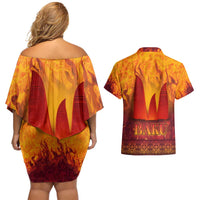 Azerbaijan Land of Fire Couples Matching Off Shoulder Short Dress and Hawaiian Shirt with Flame Towers and Baku Design