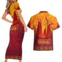 Azerbaijan Land of Fire Couples Matching Short Sleeve Bodycon Dress and Hawaiian Shirt with Flame Towers and Baku Design