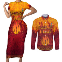 Azerbaijan Land of Fire Couples Matching Short Sleeve Bodycon Dress and Long Sleeve Button Shirt with Flame Towers and Baku Design